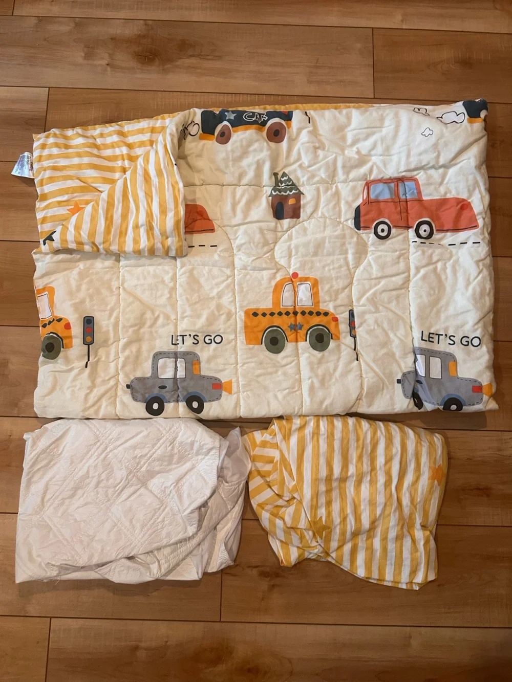 Toddler Yellow & White Striped and Illustrated Vehicle Quilt Set